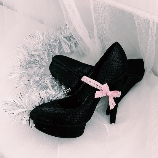 Belle Pink Bow Elastic Lace Anklet on Black High Heels