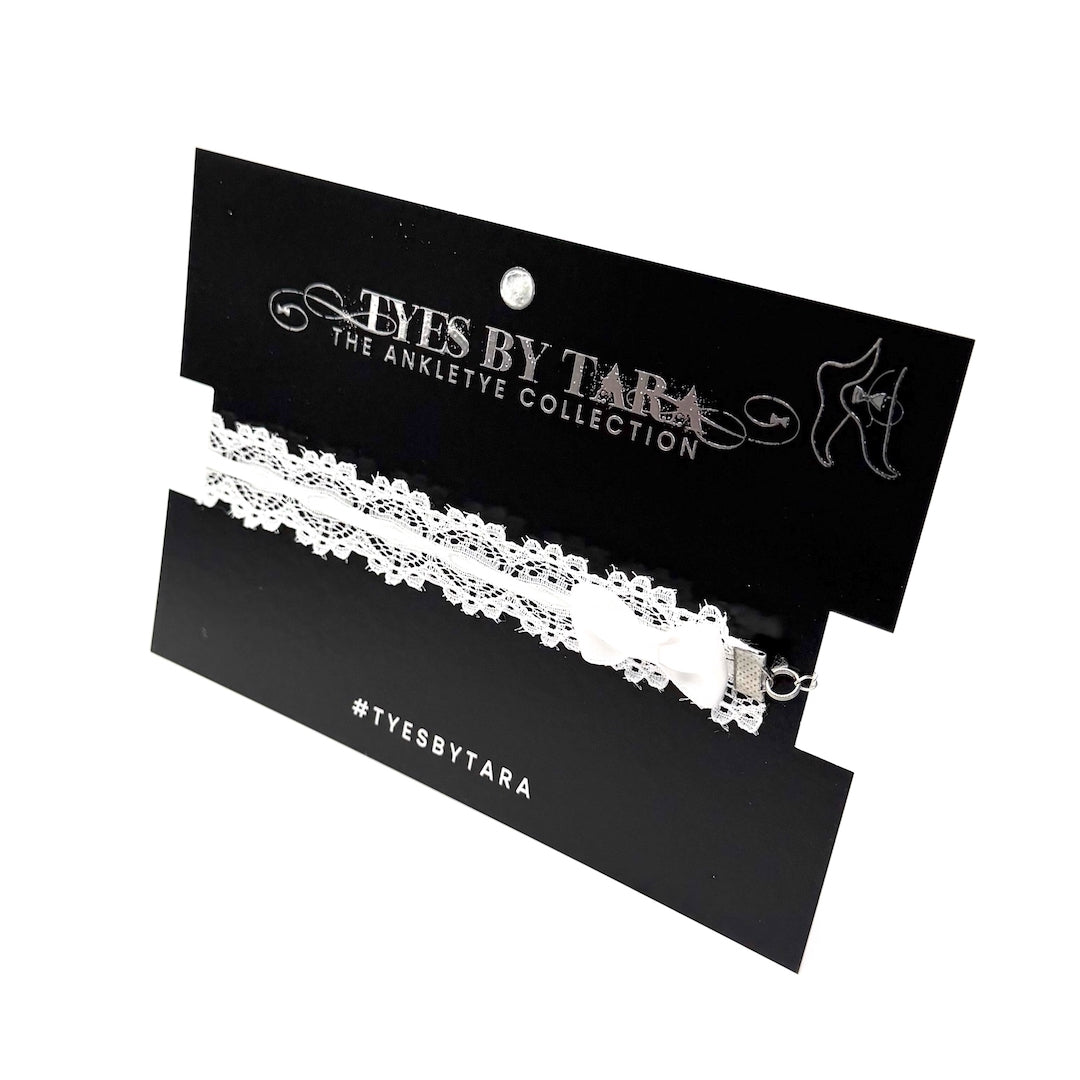Chantilly Lace White Anklet with Satin Bows on Black Card