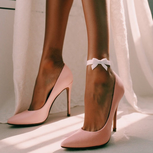 Marie Antoinette White Velvet Bow Anklet on Model in Pink Heels