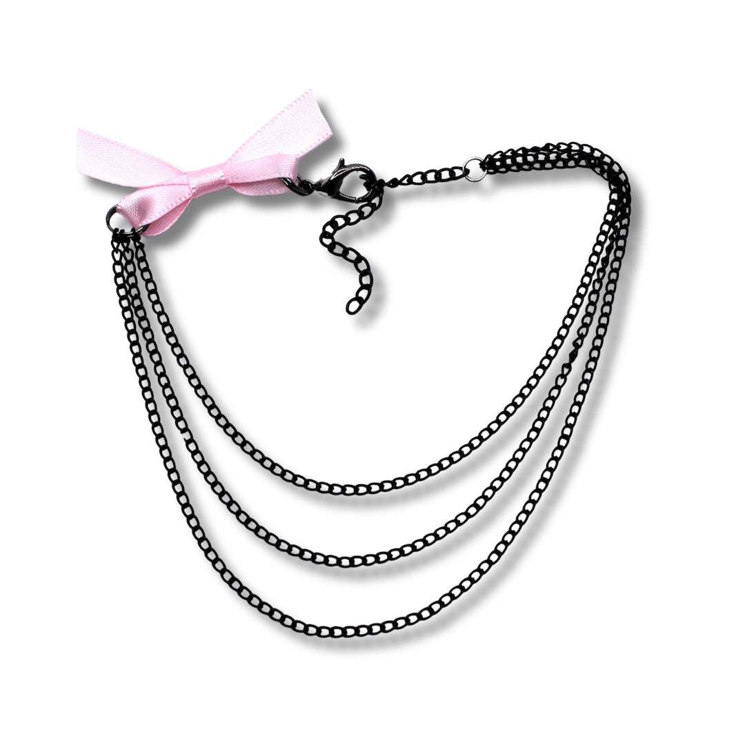 Pink Bow with Layered Black Chain Anklet 
