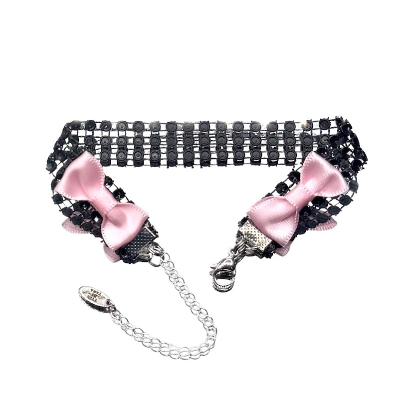 Black Rhinestone Mesh Sparkly Anklet with Pinkn Bows