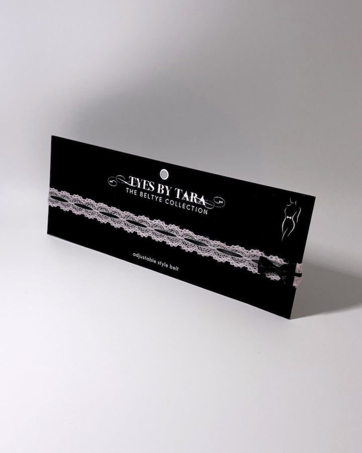 Chantilly Black Pink Lace Bow belt on card
