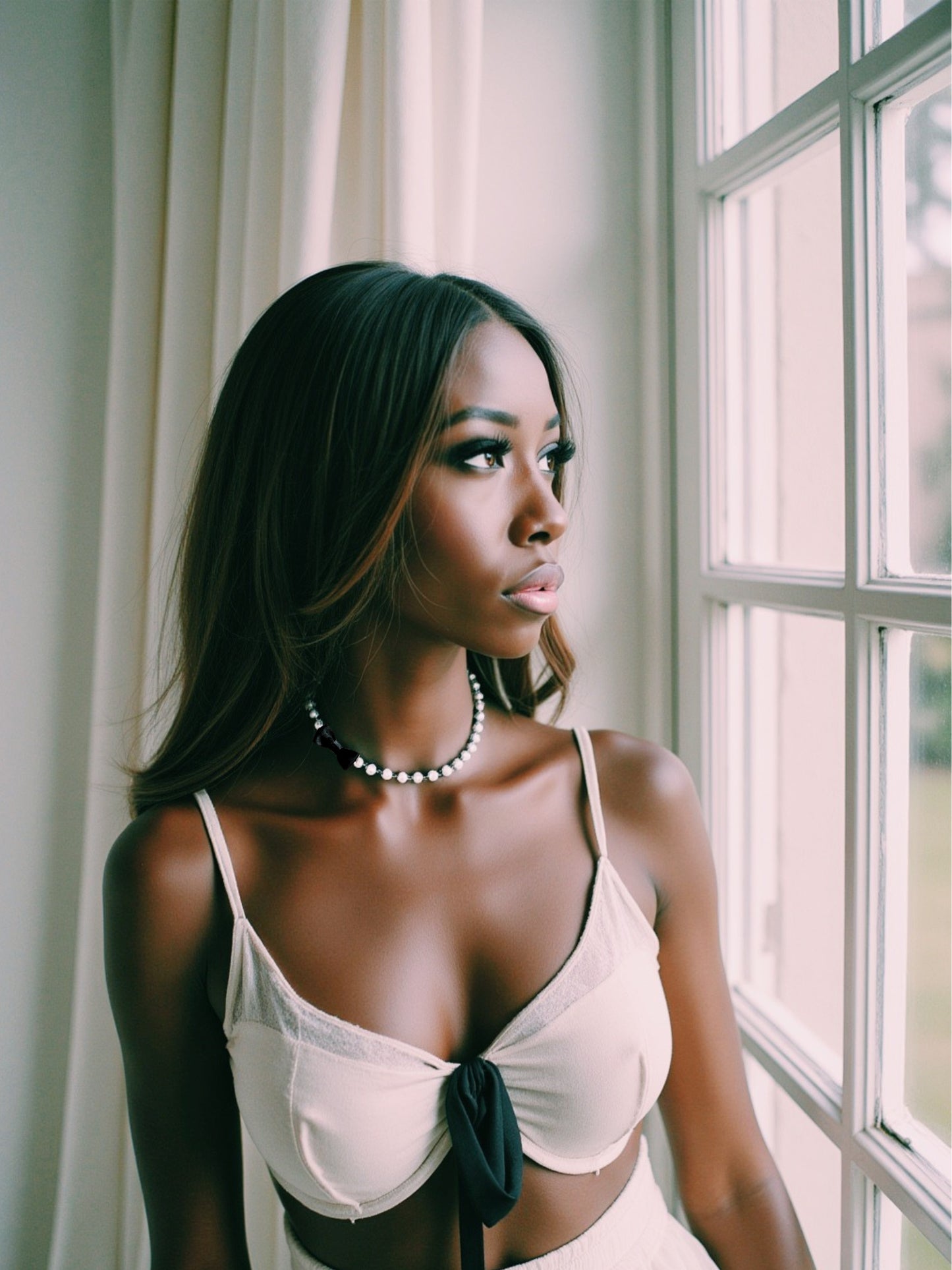 Model in Centerfold Pearl Black Bow Necklace lookiing out the window