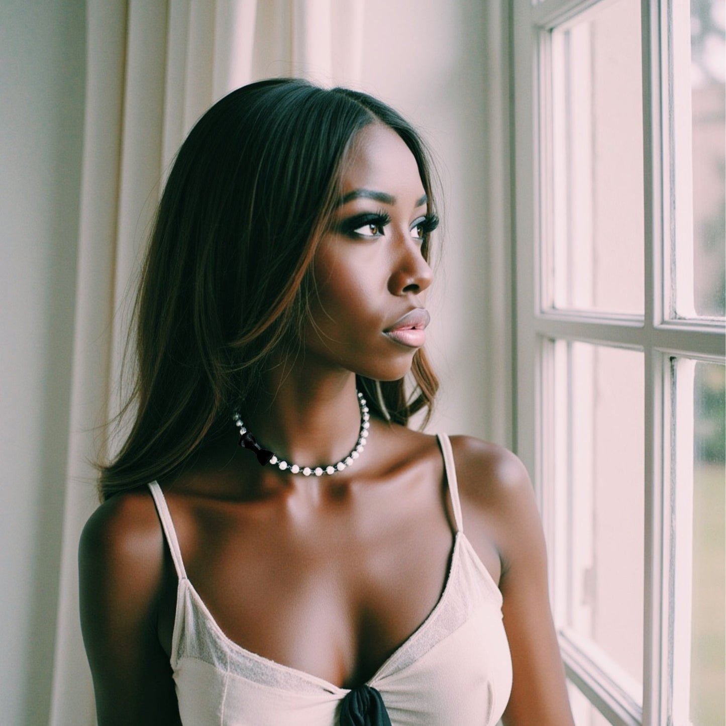 Model in Centerfold Pearl Black Bow Necklace lookiing out the window