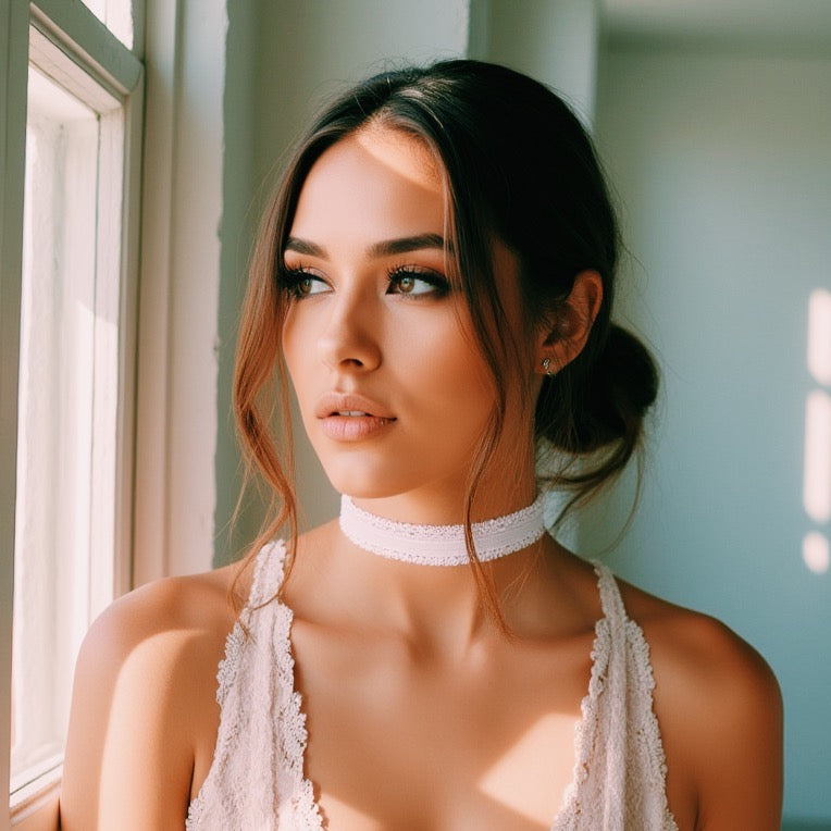 Lady White Lingerie Choker on Model Model in Pink Lingerie