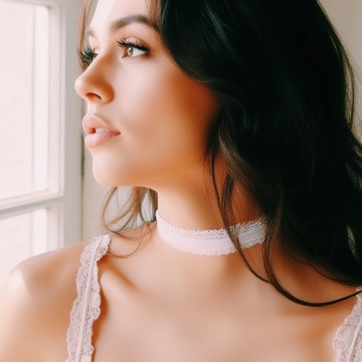 Lady White Bow Lingerie Choker on Brunette