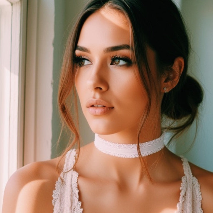 Lady White Lingerie Choker on Brunette