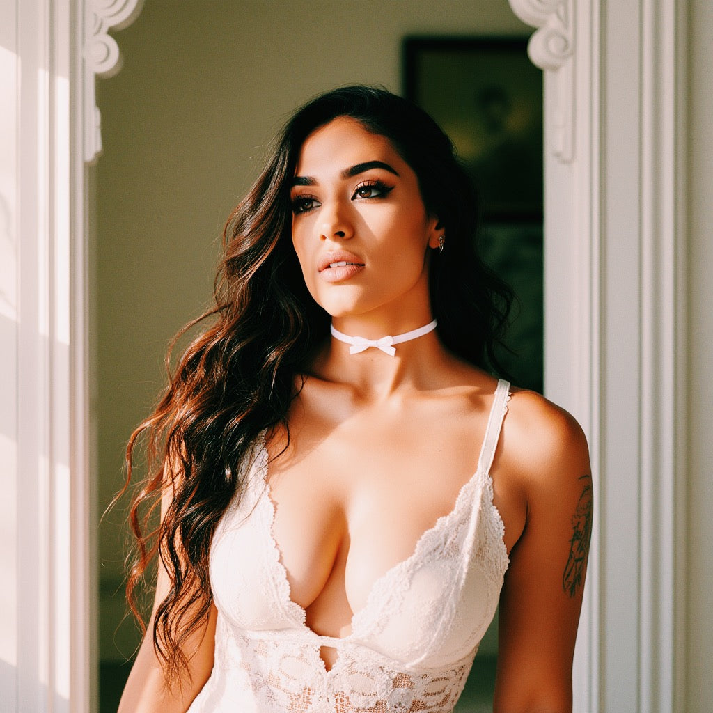 Beautiful Brunette Wearing white velvet choker