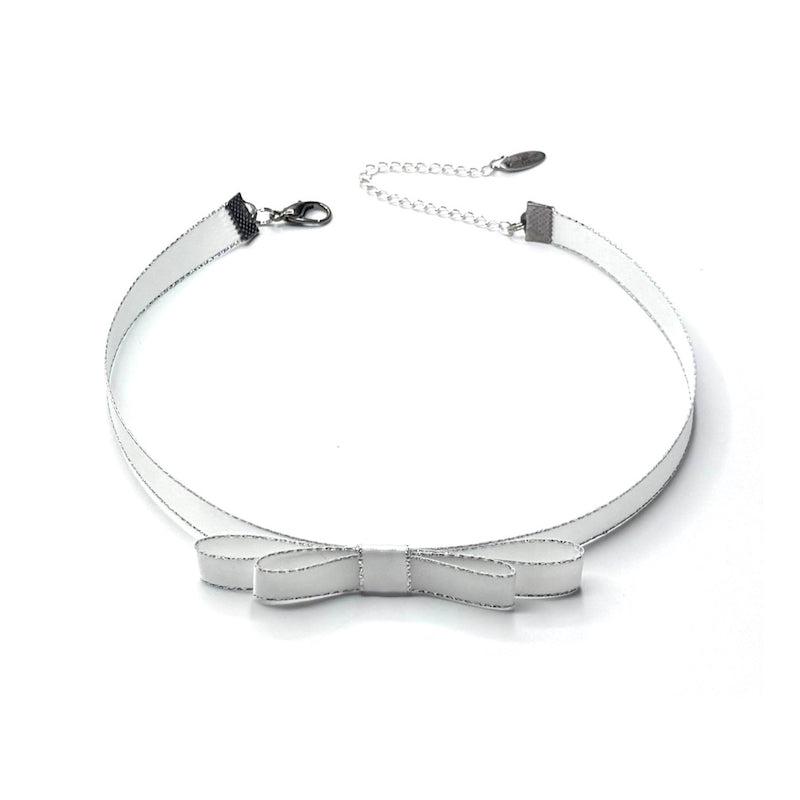 Queen White Bow Choker Metallic Silver Trim
