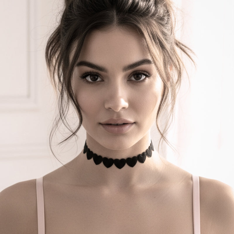 Black Heart Choker on brunette model in messy ponytail