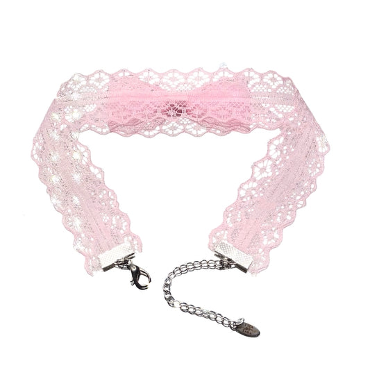 Siren Pink Lace Bow Choker Back View on White background