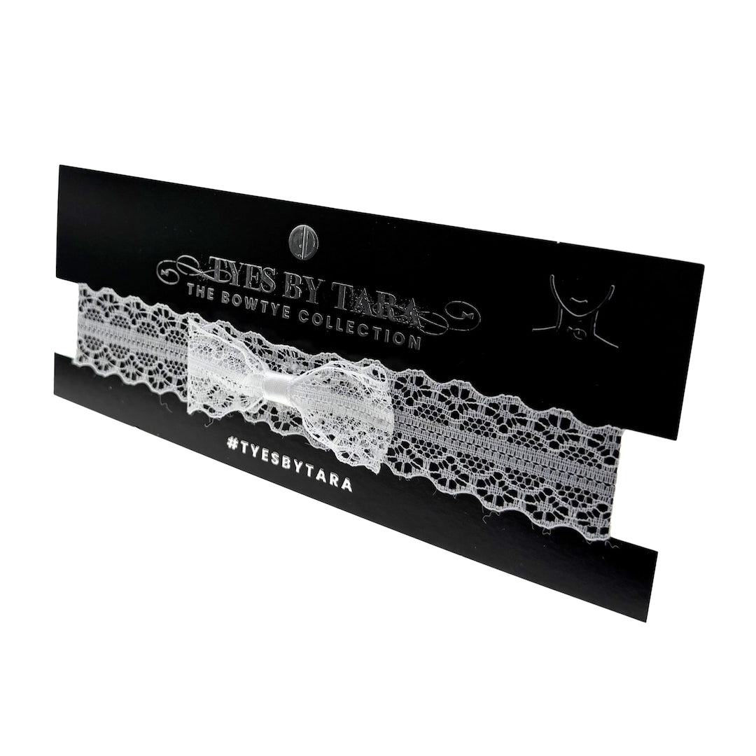 Siren White Lace Bow Choker on Black Card Packaging View