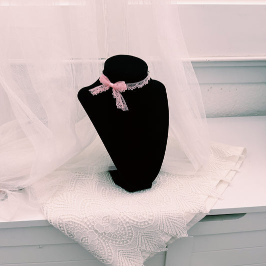 Pink Lace Choker on Black Neck Form