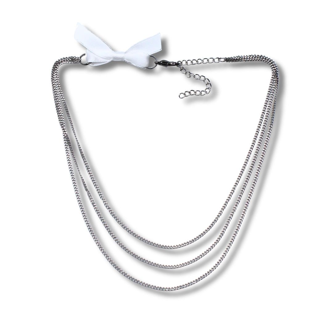 White Bow Silver Layered Chain Necklace
