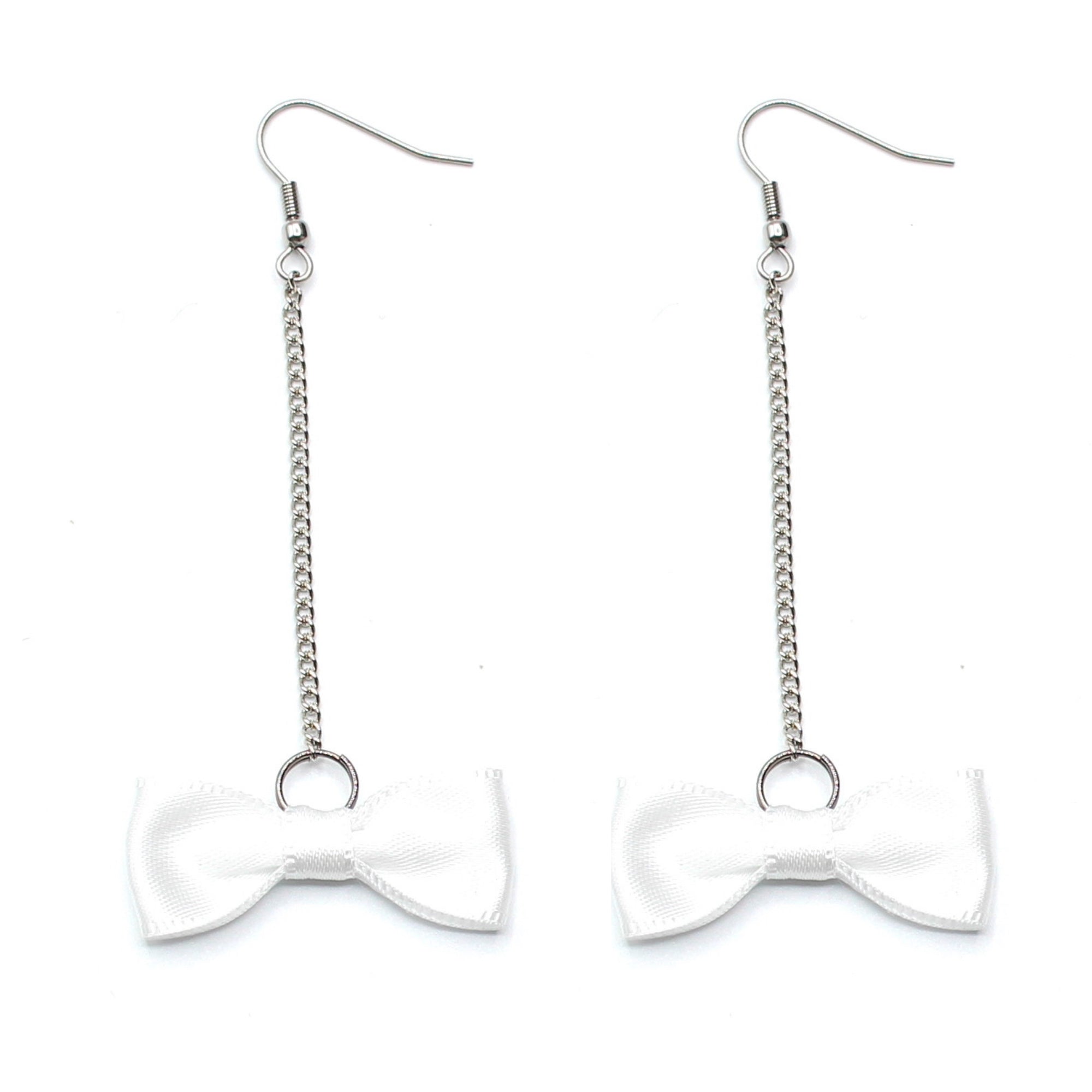White Bow Earring with Silver Chain