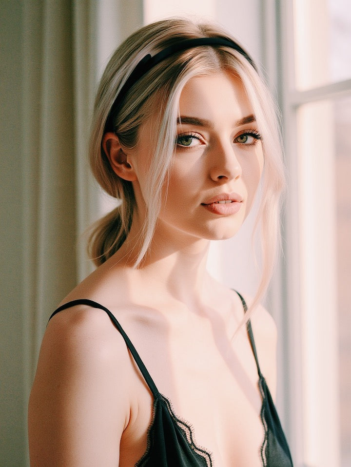 Woman with blonde hair wearing a black headband and a black lace top with Enchantress Black Bow Headband