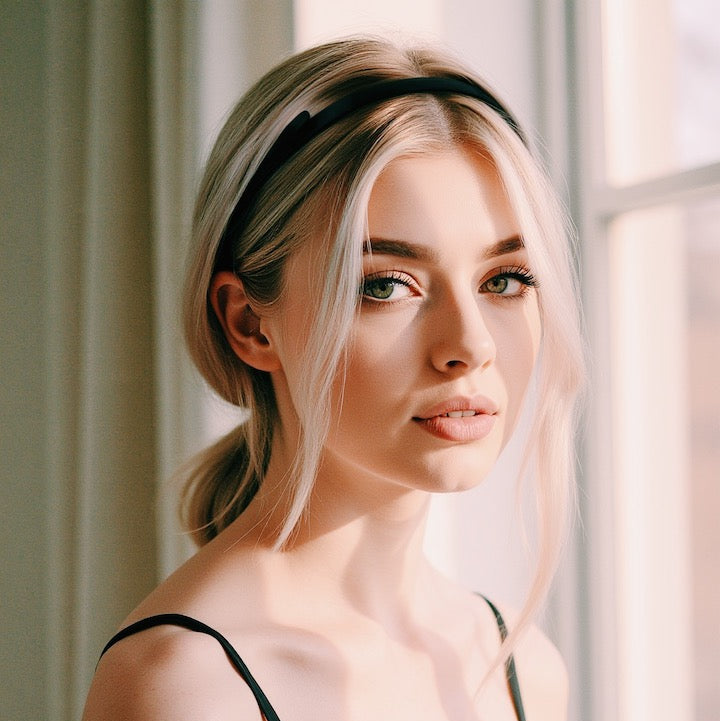 Woman with blonde hair wearing a black headband and a black lace top with Enchantress Black Bow Headband