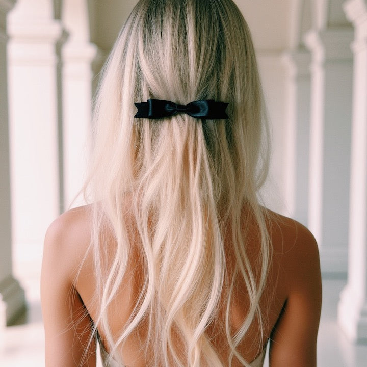 Enchantress Black Satin Hair Bow on Blonde Model