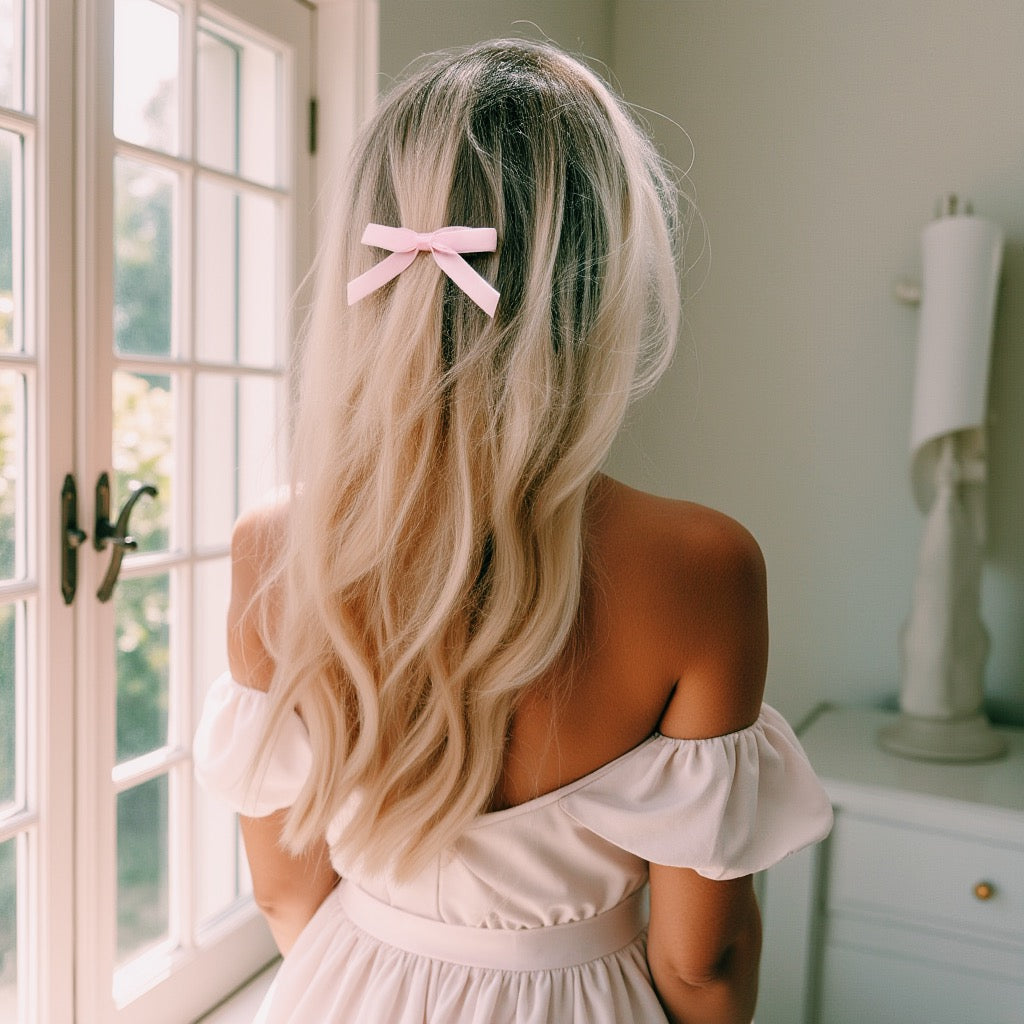 Blonde wearing Marie Antoinette Pink Velvet Hair Bow