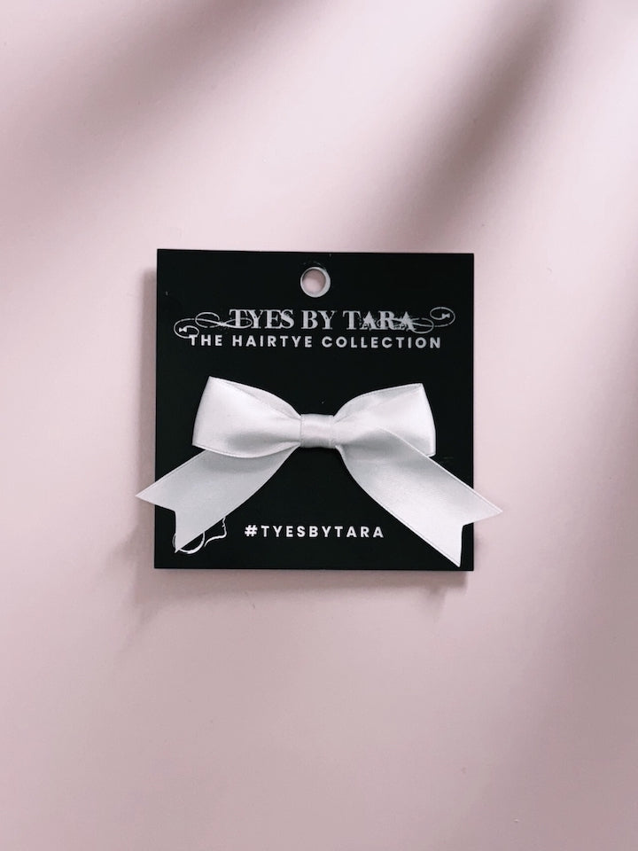 Yours Truly White Satin hair Bow on Black Card