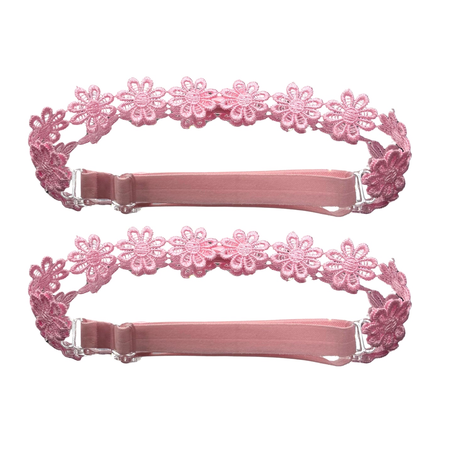 Pink Flower Bow Leg Garters with Adjustable Pink Elastic straps on white background showing the straps