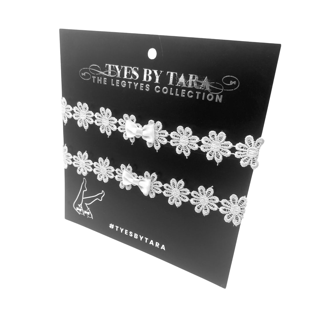 Blossom Flower White Bow Leg Garters on Black Card