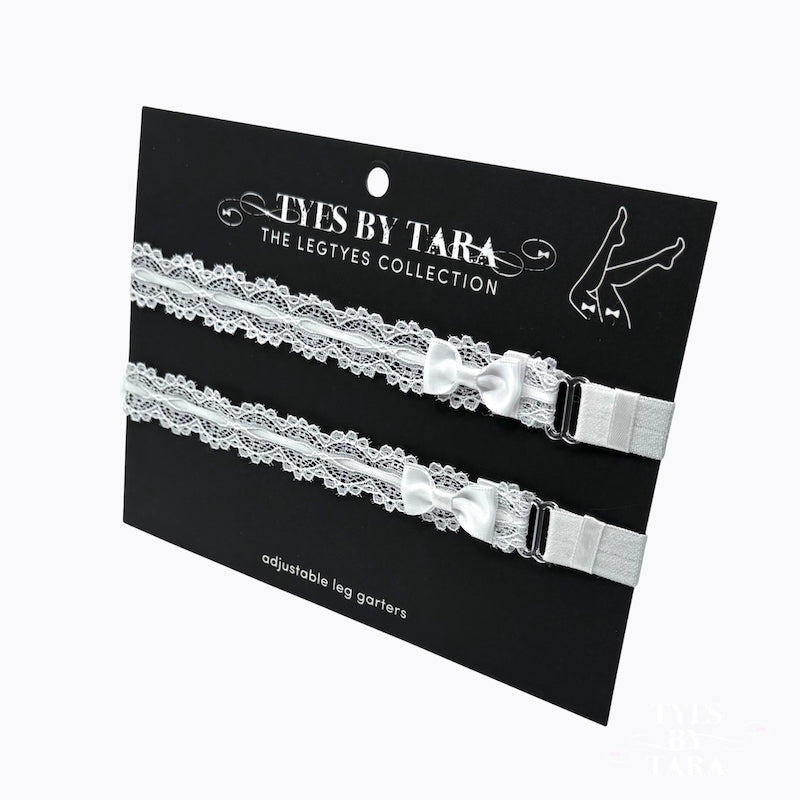 Chantilly White Lace Bow Leg Garters on Black Branded Card