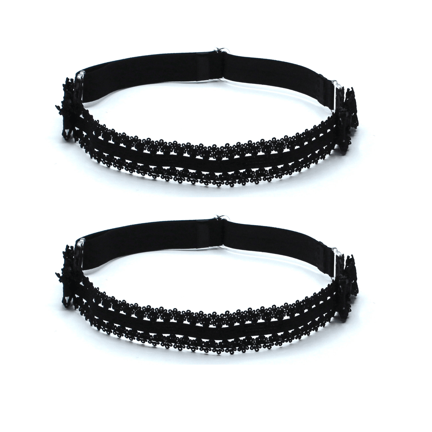 adjustable strap view of lady black bow leg garters