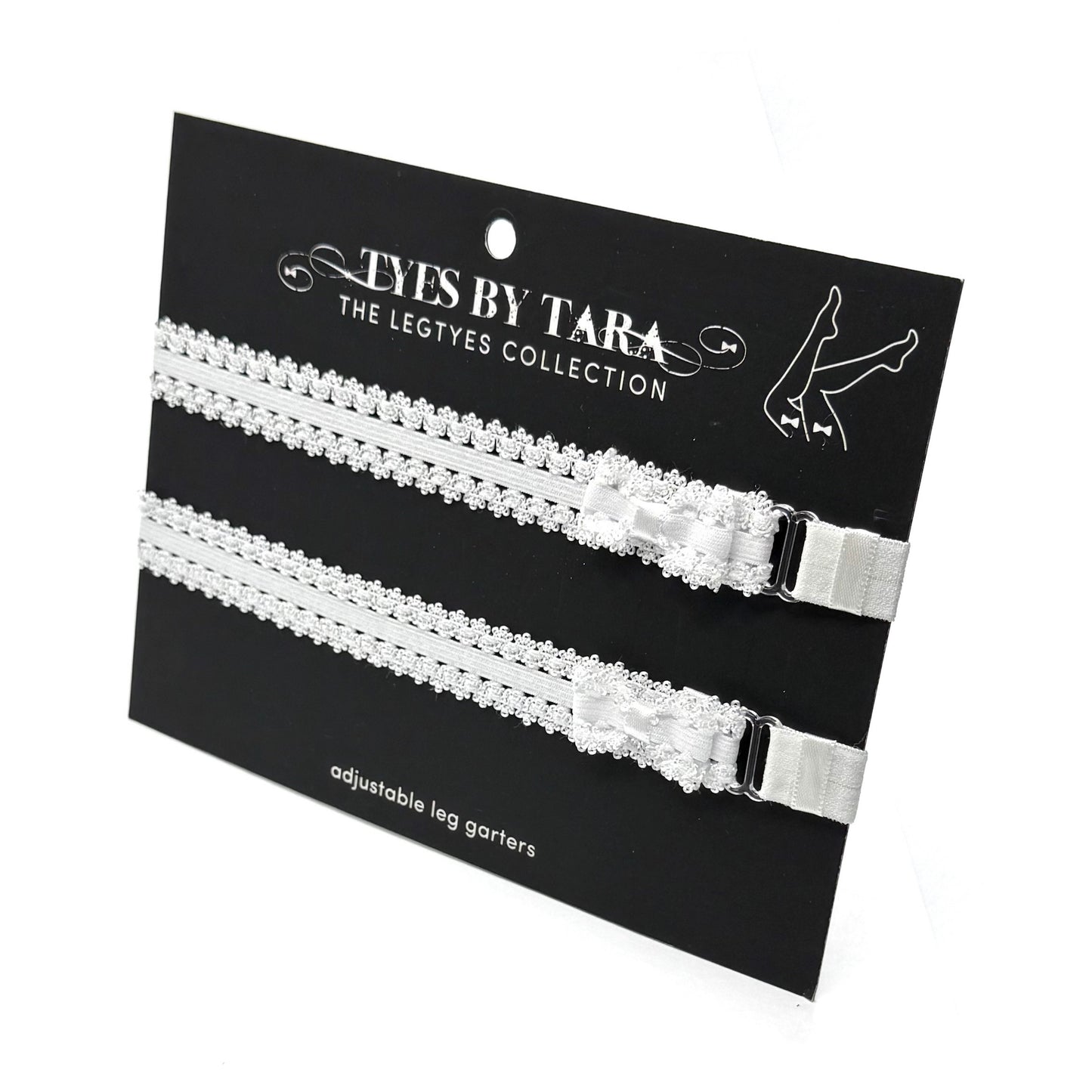 White Bow Leg Garters on Black Card