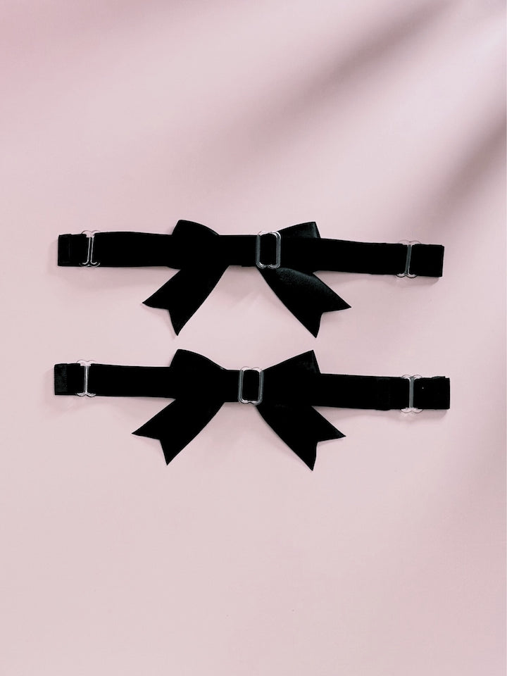 Yours Truly Black Bow Leg Garters Back View