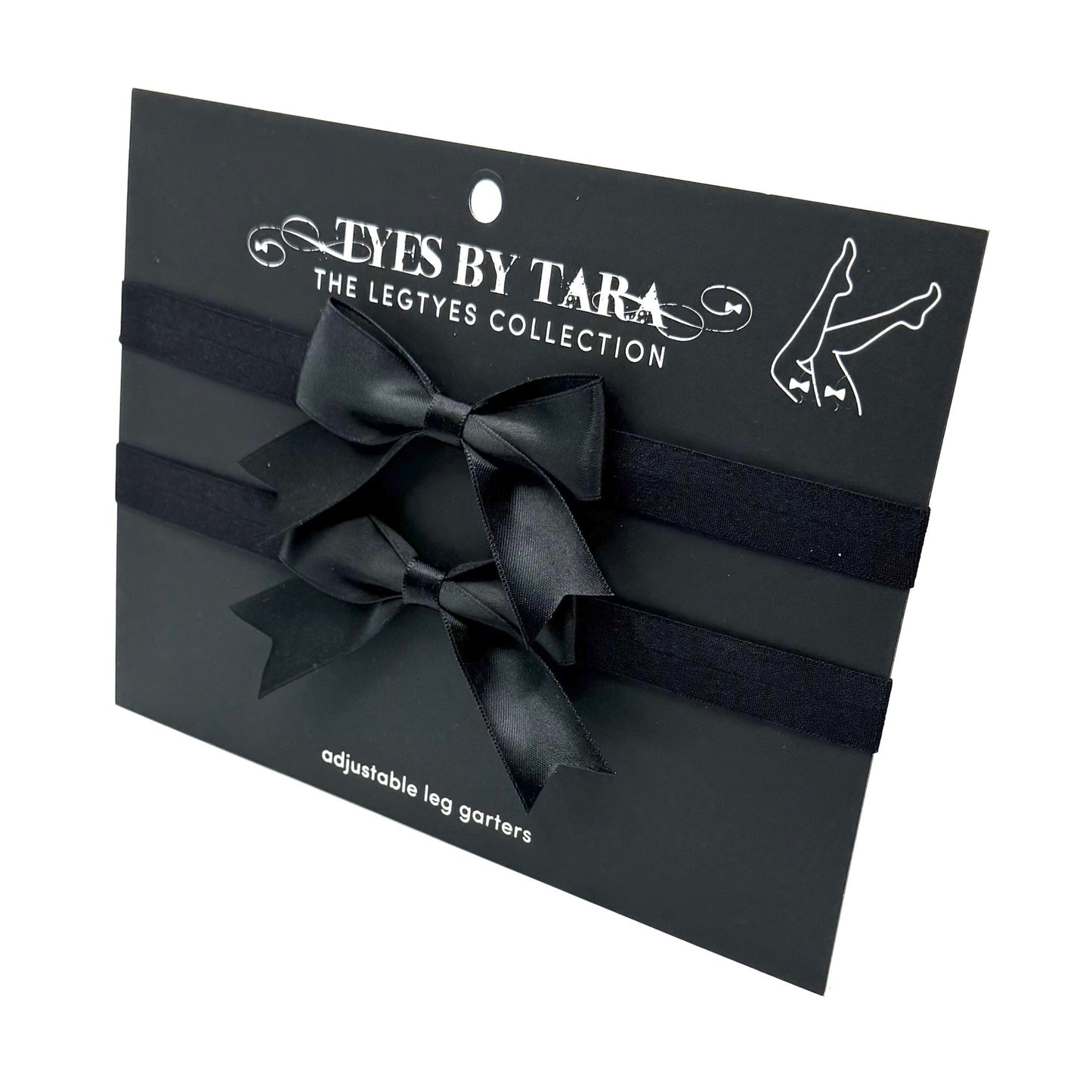 Bombshell Black Bow Leg Garters on Black Card