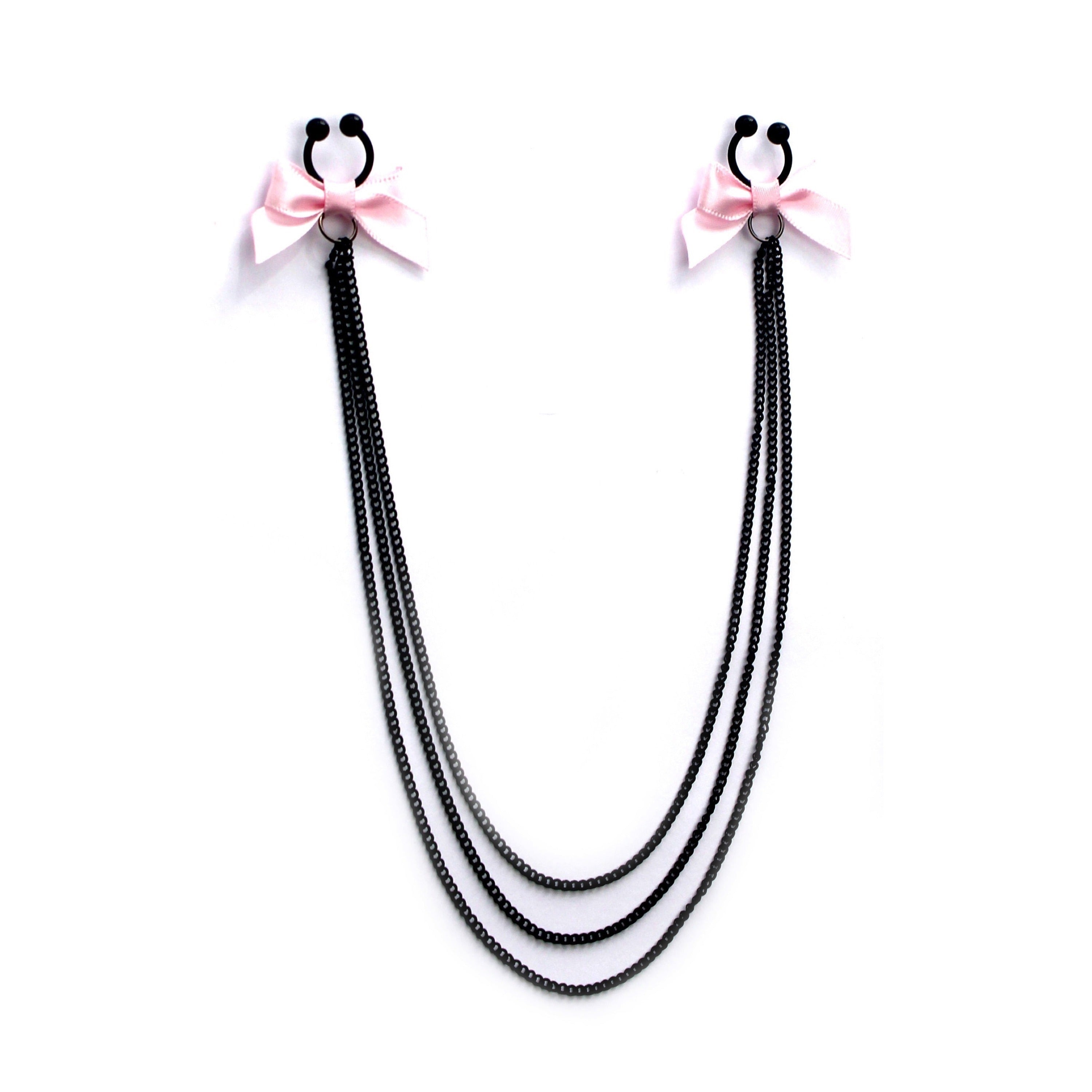 Pink Bow Nipple Clamps with Black Chain Necklace