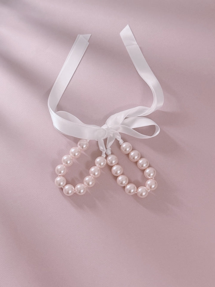 Pink Pearl Handcuffs with Long White Satin Ribbon Ties