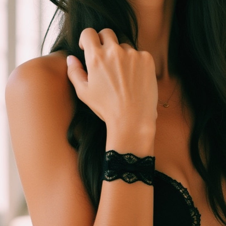 Siren Black Lace Bow Bracelet on Brunette Model
