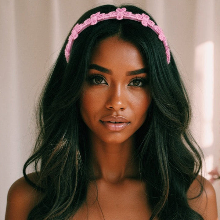 Blossom Pink Flower Headband on beautiful brunette