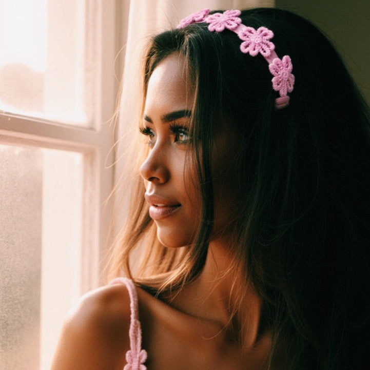 Pretty Brunette in Pink Flower Headband