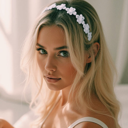 Model in Blossom White Flower Headband