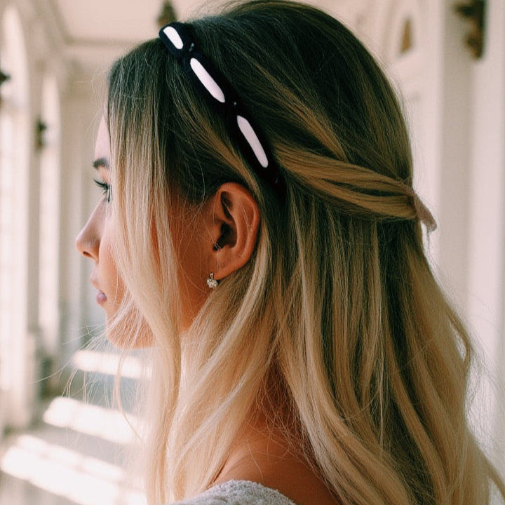 Chantilly Lace Black and Pink Headband on beautiful model in white hallway
