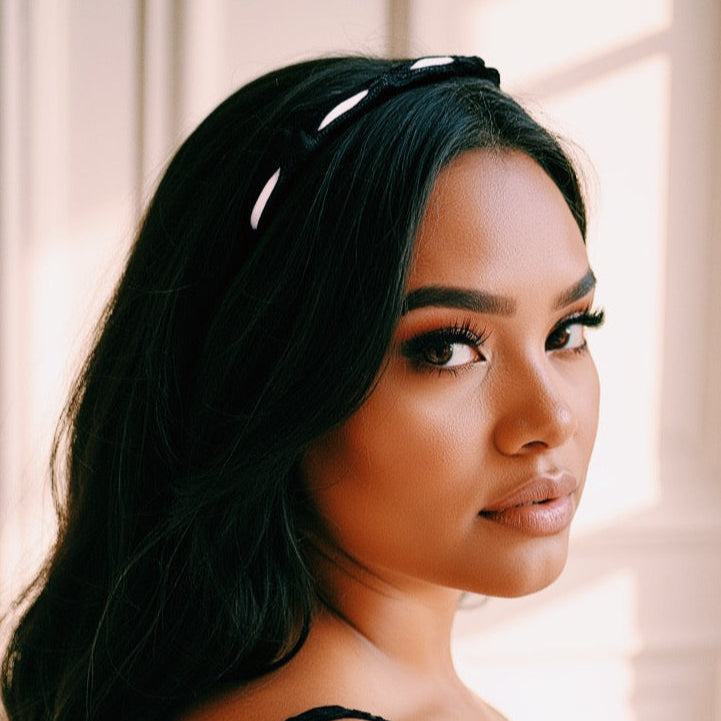 Chantilly Lace Headband on Model in Black Lingerie