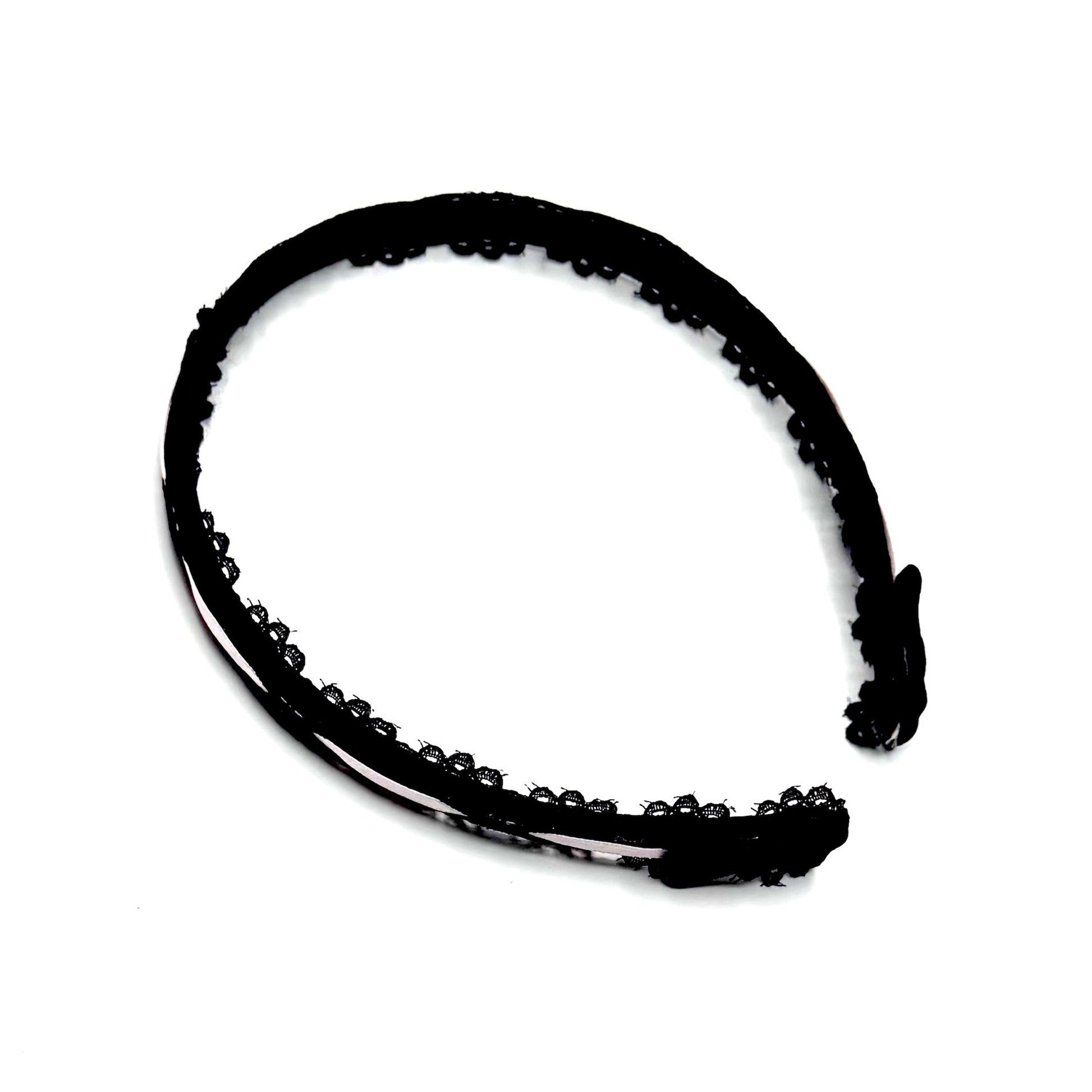 Black Lace Headband with Light Pink Satin and Black bows on white background