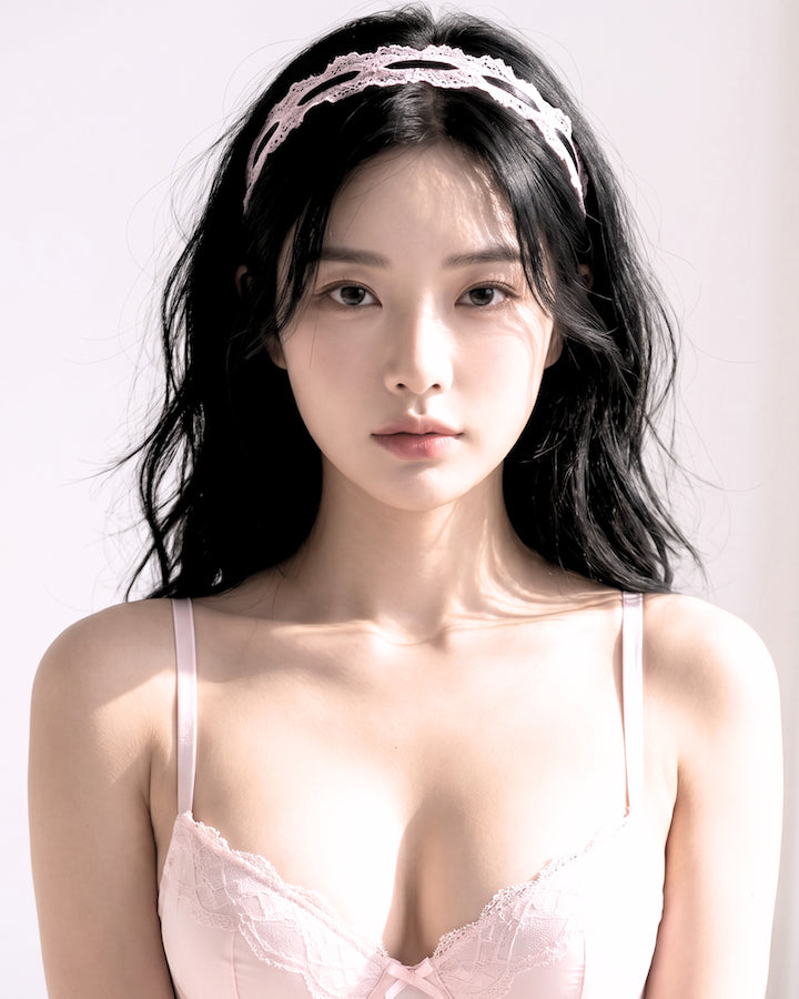 Brunette model wearing light pink lingerie wearing the Chantilly Pink Lace Headband
