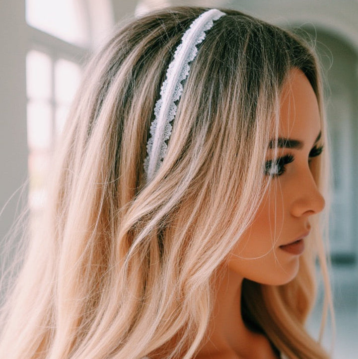 Chantilly White Lace Headband worn on beautiful blonde model