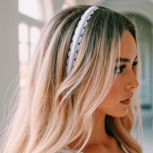 white lace bow headband on blonde bride model