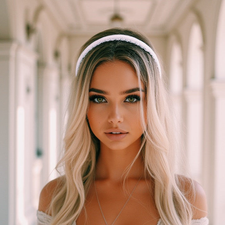 Chantilly White :Lace Headband on beautiful blonde model in bridal wedding dress in elegant hallway