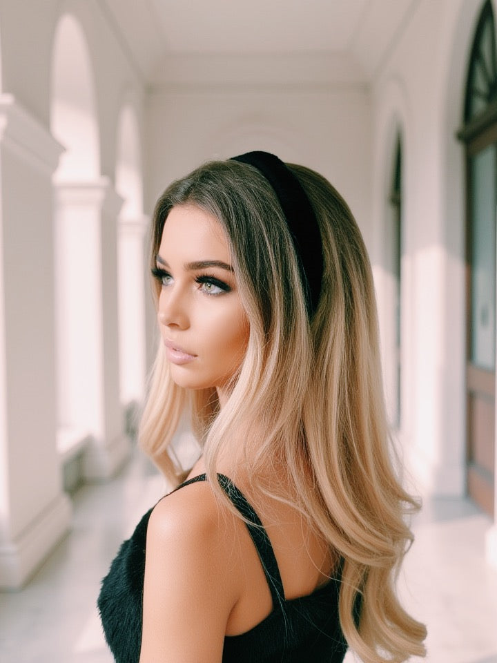 Blonde looking out the window in Fringe with Benefits Black Headband