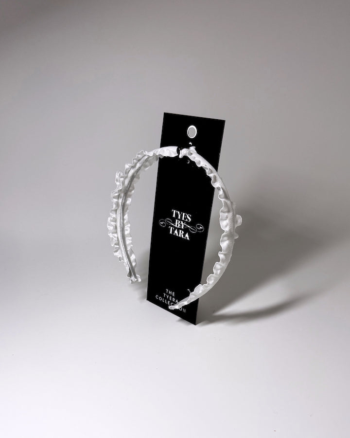Maiden White Ruffled Bow Headband on Black Card