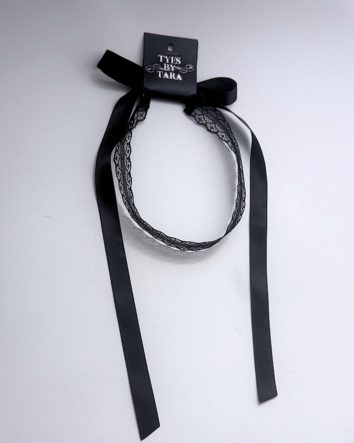 Black Lace Headband with long satin ties packaging view