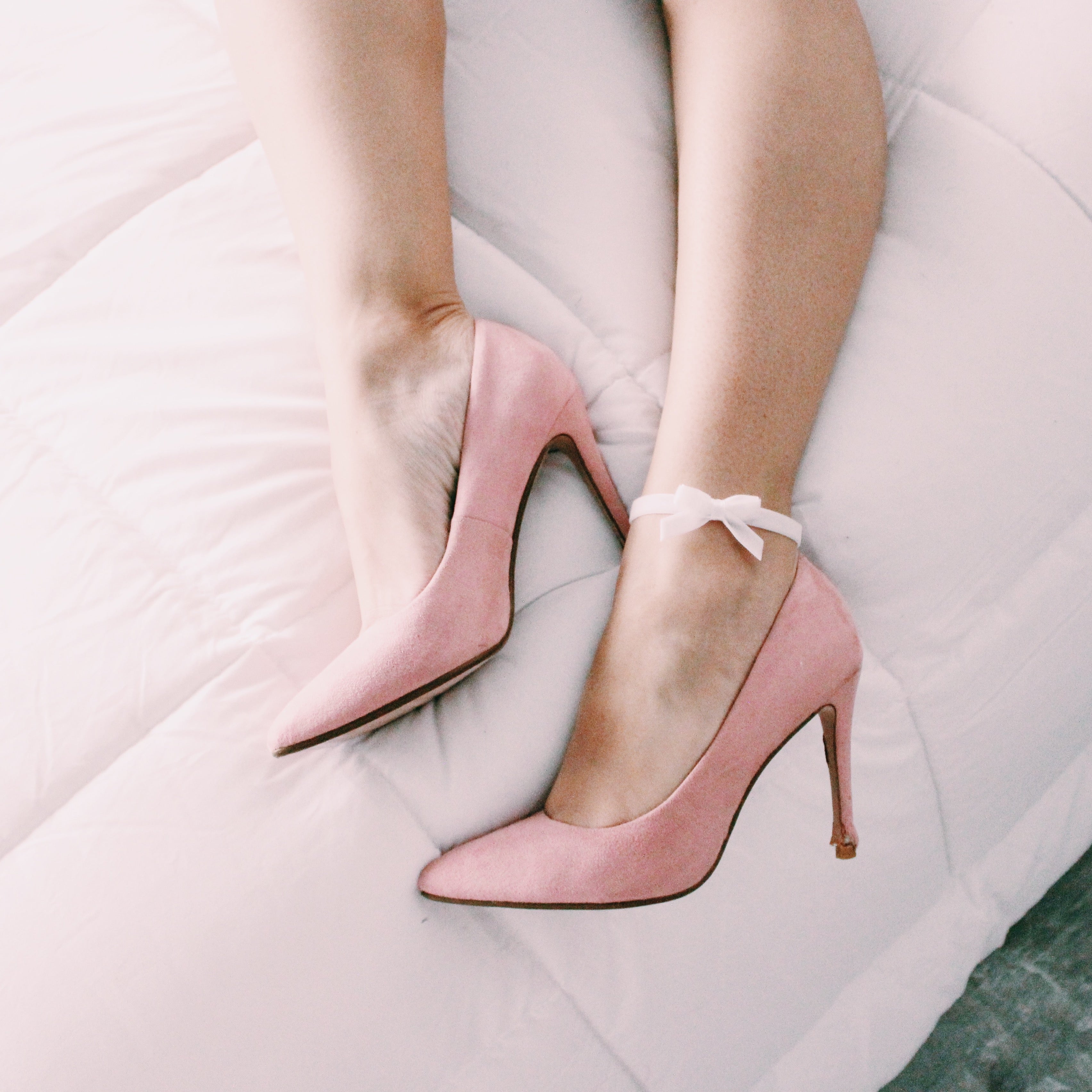 Model in Pink Heels Modeling Velvet White Bow Anklet