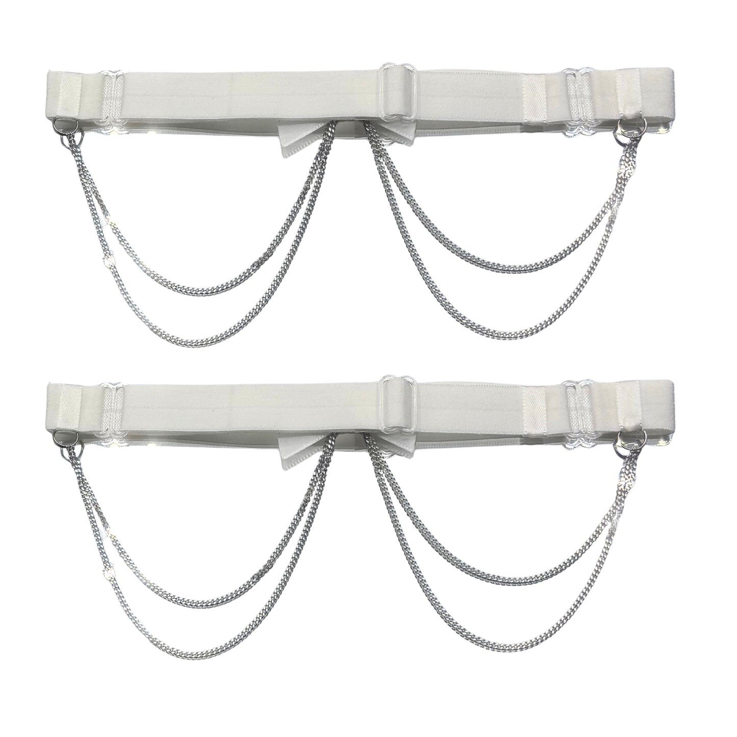 back view of white bow leg garters on white background