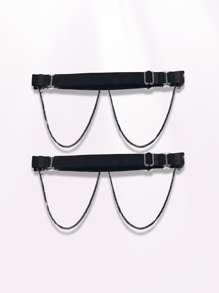 back view of heartbreaker black bow leg garters